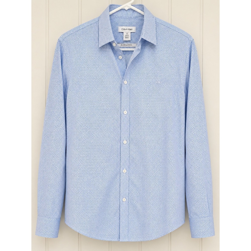 Calvin Klein Mens Slim Fit Geometric Micro Print Button Down Shirt Blue Large